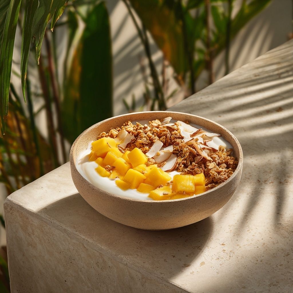 Arroz tibio con mango y coco (12–15 min)